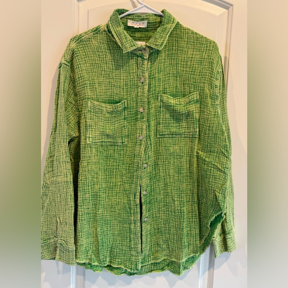 NWT Washing Wrinkled Green Gauze Button Down Shirt - Picture 5 of 8